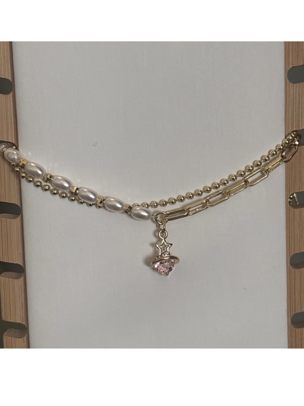 Gold Plated Layered Bracelet Faux Pearl Chain Pink CZ Celestial Charm Adjustable - Picture 7 of 11